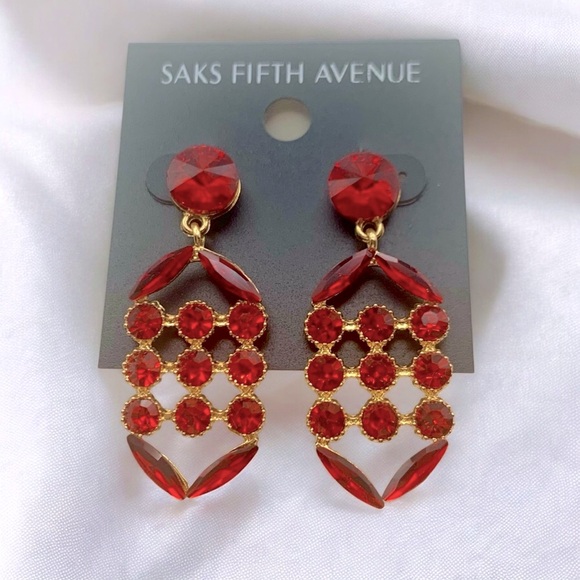 Saks Fifth Avenue Jewelry - Saks Fifth Avenue Gold Plated & Red Crystal Geometric Costume Jewelry Earrings